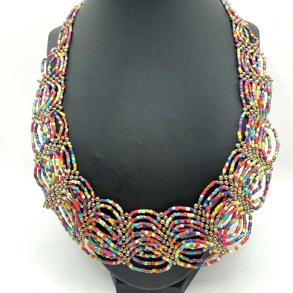 Vintage Necklace Rainbow‎ Mixed Seed Bead Color Intricate Braided Woven Boho 21"